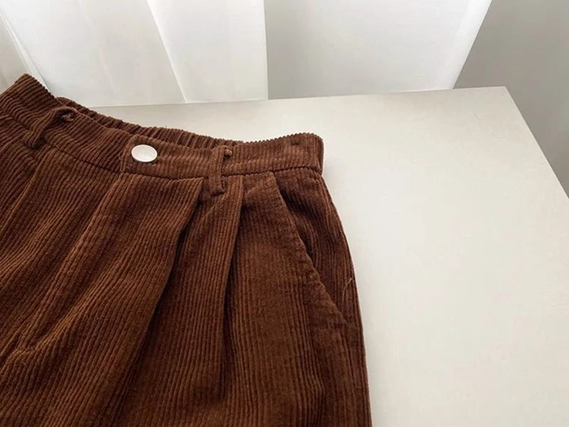 Retro High Waist Corduroy Pants Women Spring Fall Straight Causal Full Length Trousers Korean Fashion Baggy All Match Black Pant