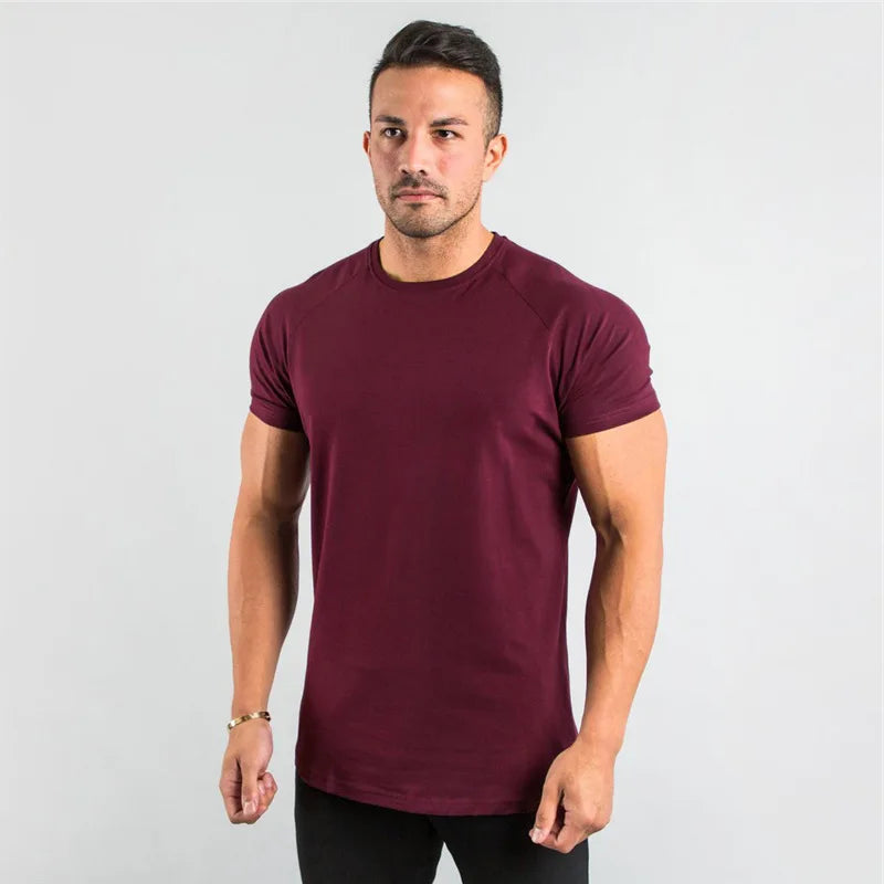 Cotton Plain Tops Tees Fitness Mens T Shirt Short Sleeve Muscle Joggers Bodybuilding Tshirt Male Gym Clothes Slim Fit Shirt