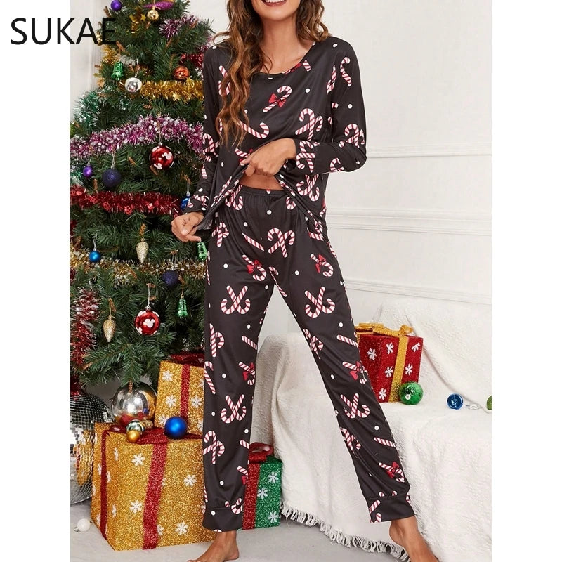 SUKAE Christmas HOT Printing Black Long Sleeves Full Pants Pijama Spring Milk Silk Sleepwear Loungewear Autumn Women Pajama Set