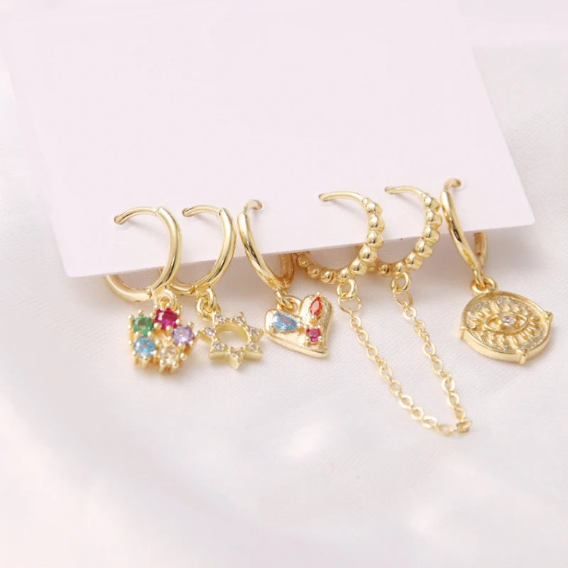 6 Pcs Fashion Exquisite Pearl Star Moon Enamel Zircon Dangle Ear Ring Set Korean Style Small Hoop Earring For Women Jewelry Gift