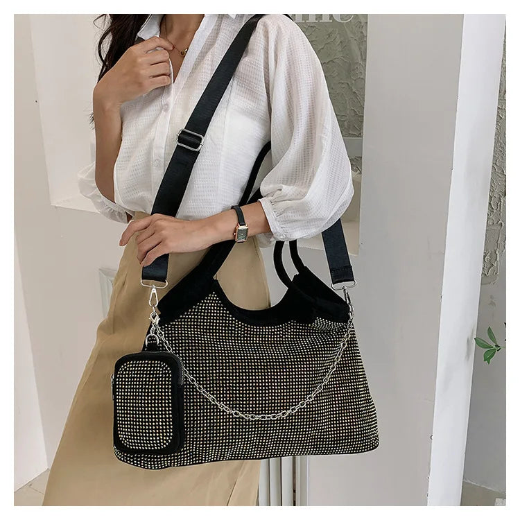 2023 New Shiny Rhinestone Women's Handbag Large Shopping Bag Fashion Dinner Bag Underarm Shoulder Bag Women's Party Commuter Bag