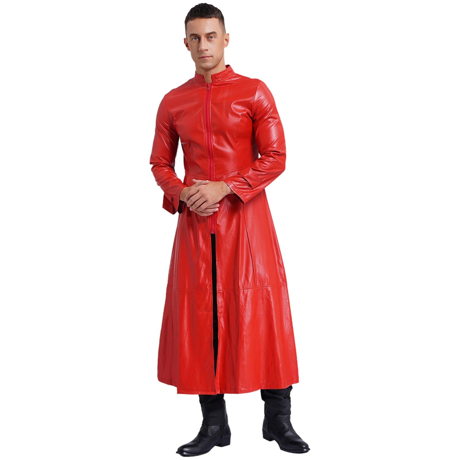 Mens Steampunk Faux Leather Trench Coat Stand Collar Zipper Long Sleeve Outerwear Windproof Jackets Overcoat Gothic Clothes 2024