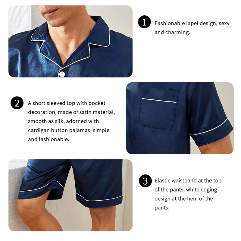 Men Satin Short Sleeve Pajama Set Summer Sleepwear for Man Button-Down Shirt & Elastic Waist Shorts Pajamas Home Clothes 2 Piece