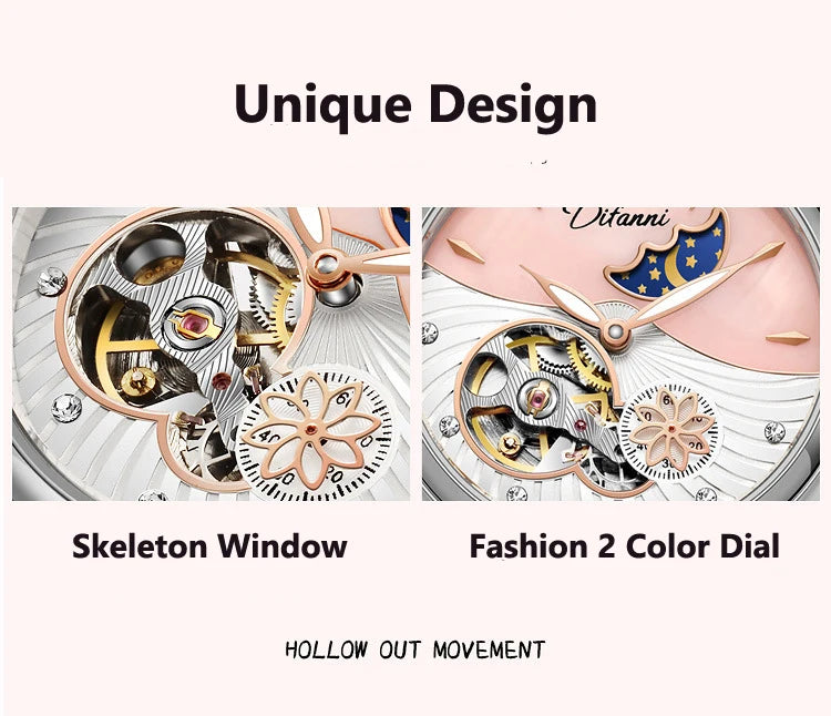 Rotatable Flowers Female Watch Women Top Brand Luxury Fashion Moon Phase Waterproof Lady Automatic Mechanical Watches Reloj