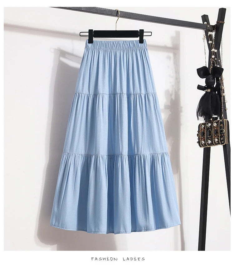 Women's Patchwork Denim Color Spliced A-line Skirt Tencel Big Swing Long Thin Skirt