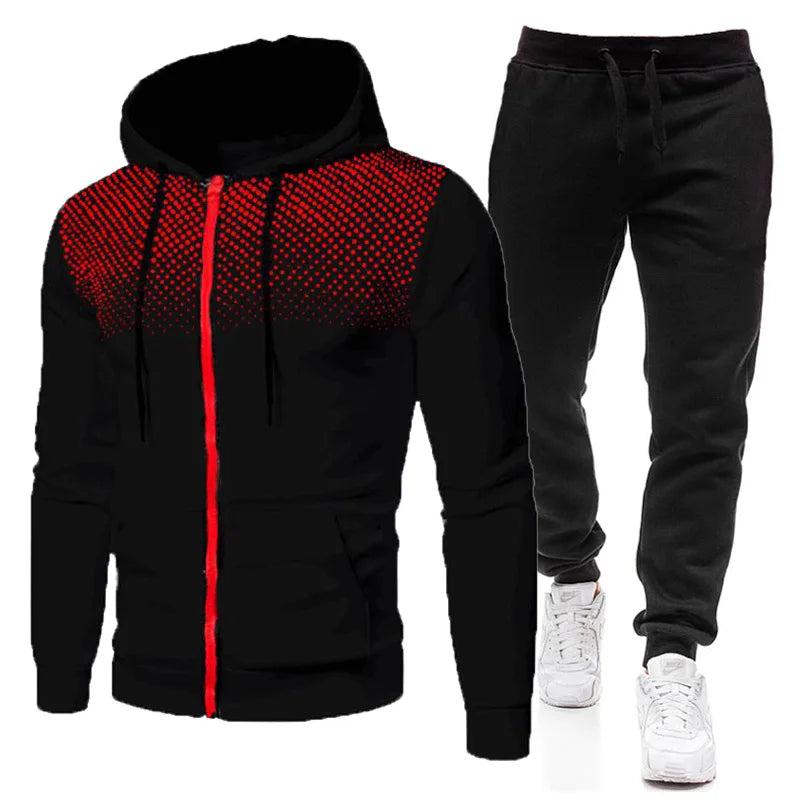 Fashion Print Tracksuit for Men Zipper Hooded Sweatshirt and Sweatpants Two Pieces Suits Male Casual Fitness Jogging Sports Sets