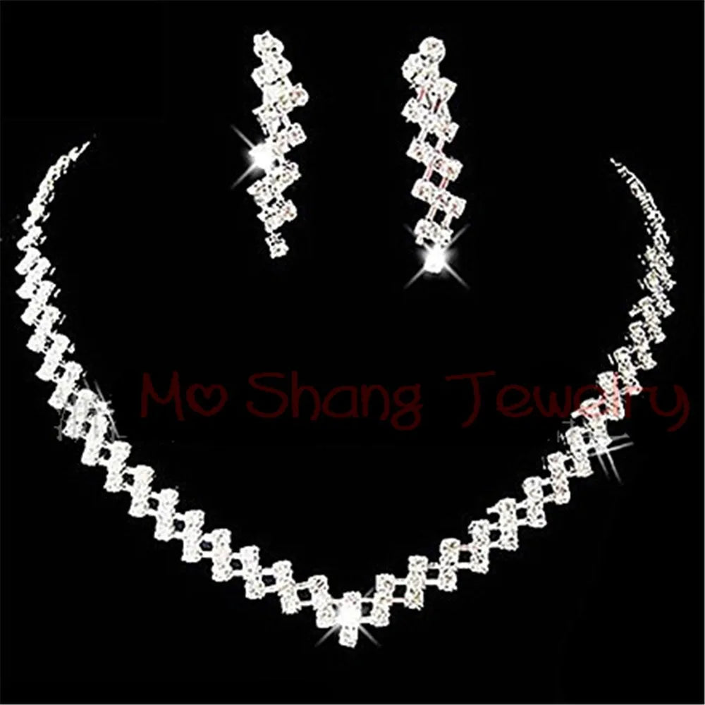 Rhinestone Crystal Silver Color Choker Necklace & Earrings for Women Rhinestone Statement Bridal Wedding Jewelry Sets Wholesale