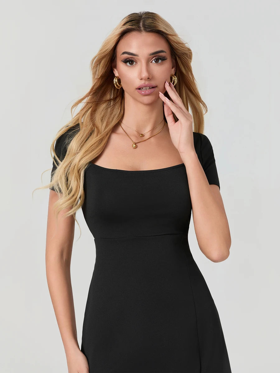 Women Mini Dress Solid Color Square Neck Short Sleeve A-line Dress Fashion Summer Slit Dress