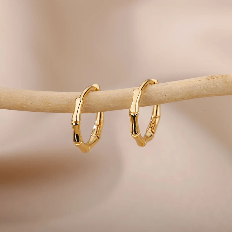 Bamboo Joint Hoop Earrings For Women Gold Color Stainless Steel Round Earring Female Fashion Ear Jewelry Brincos Birthday Gift