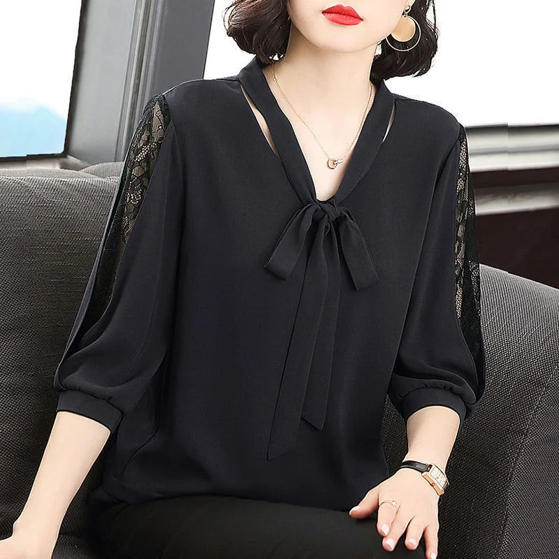 Women Spring Summer Style Blouses Tops Lady Casual Bow Tie Colloar Half Lace Sleeve Loose Blusas Tops DF4275