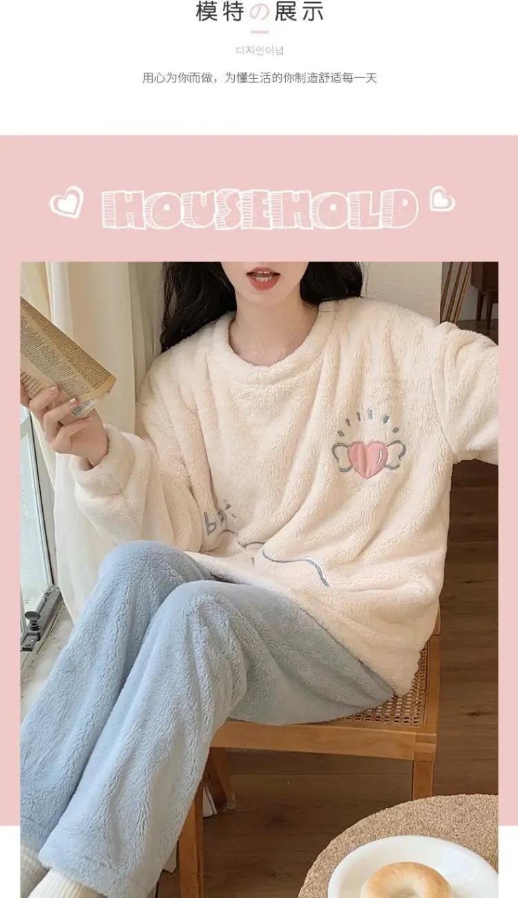 Cute Cinnamoroll Winter Pajamas Suit Sanrioed Anime Kawaii Cartoon Plush Homewear with Chest Pad Women Flannel Warm Nightwear