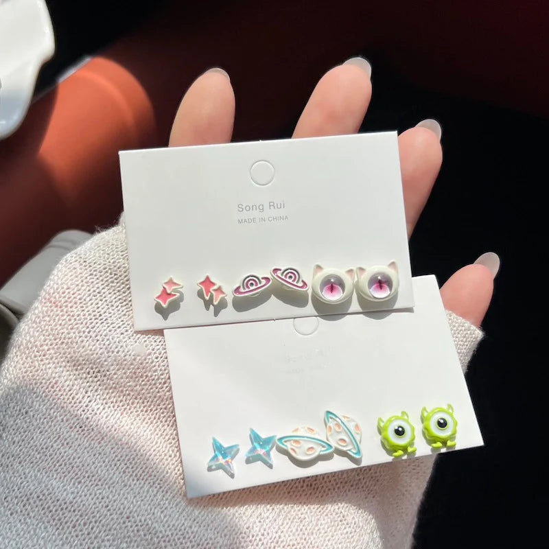 KADRUFI Funny Cute Pink Monster Star Planet Stud Earrings Set for Women Y2K Korean Fashion Sweet Girls Earring Jewelry Gifts