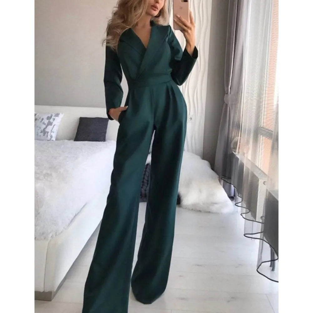 Spring Summer New Solid Color Suit Collar Women's Jumpsuit Fashion Pocket Slim Elegant Female Office Jumpsuit