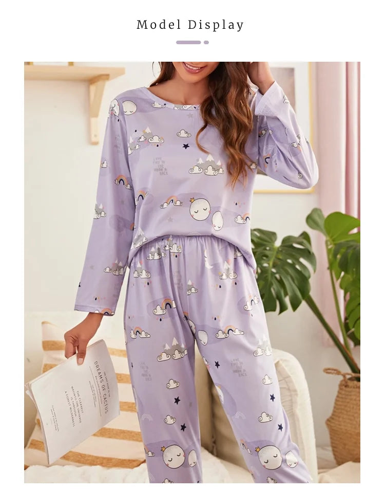 Autumn women's printed pure cotton sleepwear set with round neck long sleeved pants casual  comfortable two piece home suit set