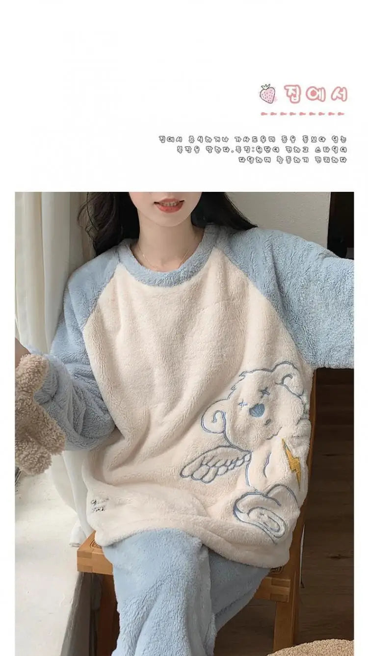 Cute Cinnamoroll Winter Pajamas Suit Sanrioed Anime Kawaii Cartoon Plush Homewear with Chest Pad Women Flannel Warm Nightwear