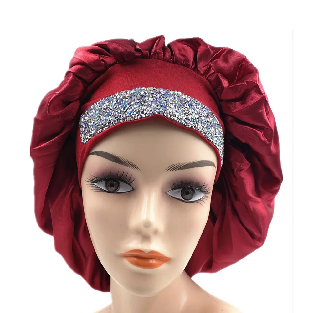 Glitter Rhinestone Wide Band Turban Women Hair Cover Satin Night Sleep Cap Bonnet Head Scarf Headwrap African Hat