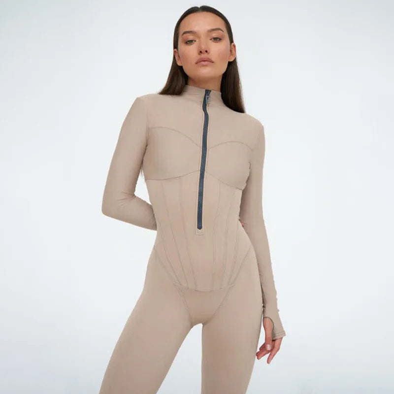 Sexy Sporty Women Zip-up O-neck Long Sleeve Jumpsuit Streetwear Autumn Female Overalls One Piece Fitness Sports Bodysuits