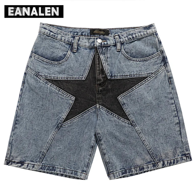 Harajuku Vintage Star Pattern Denim Shorts Men's Oversized Street Costume Rock Gothic Bermuda Casual Sports Basketball Shorts