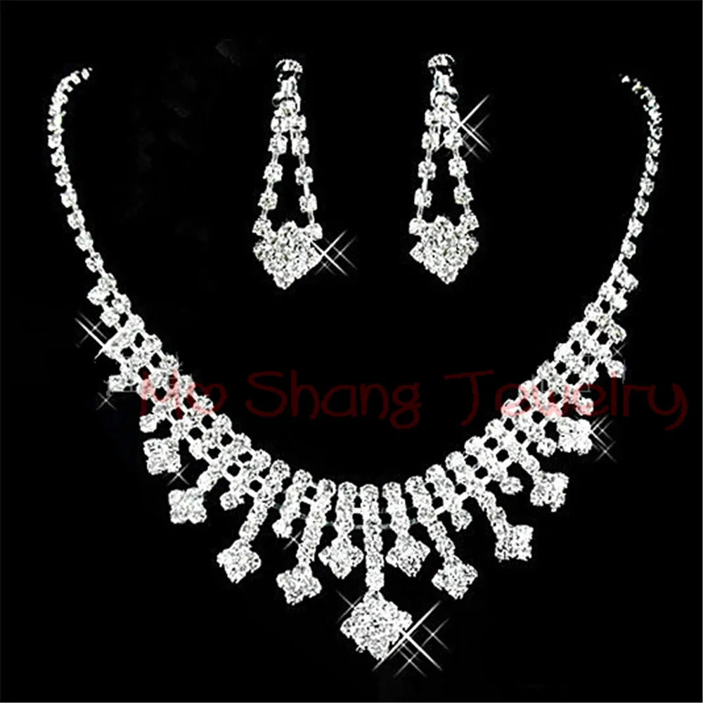 Rhinestone Crystal Silver Color Choker Necklace & Earrings for Women Rhinestone Statement Bridal Wedding Jewelry Sets Wholesale