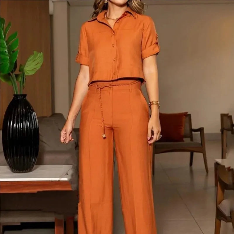 Women's Casual Solid Lapel Button Short Sleeve Top and High Waisted Wide Leg Pants Set, Office Outfits, Summer, New, 2 Pcs Set