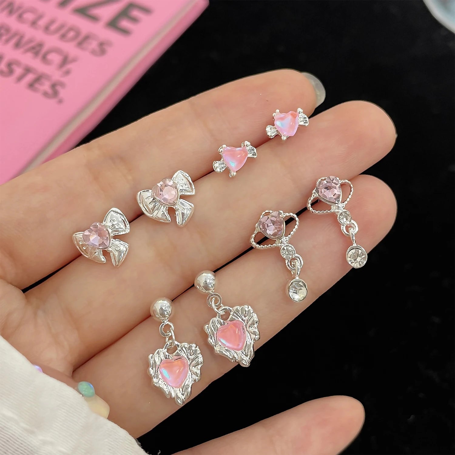 6Pairs/set Fashion Cute Pink Crystal Bowknot Heart Shape Stud Earrings Sets For Women Girls Ears Jewelry Party Y2k Accessories