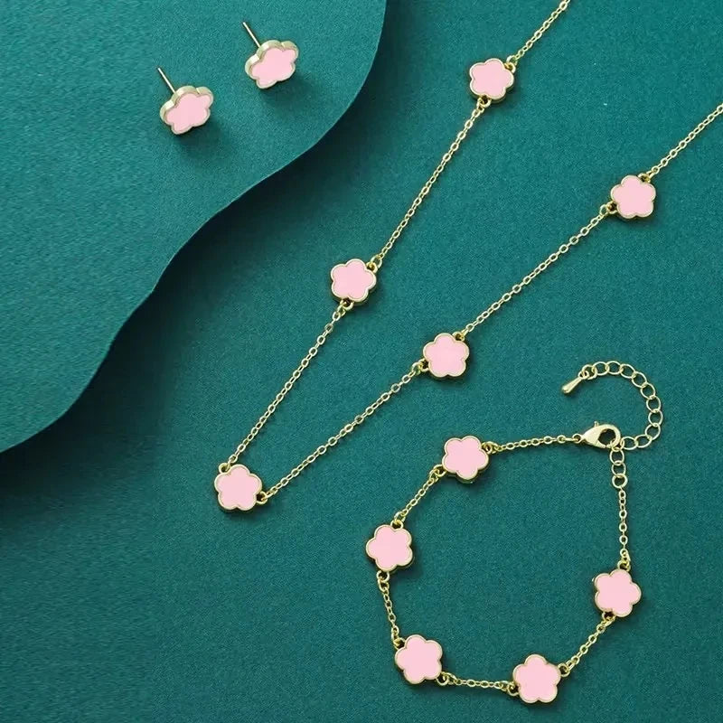 Lucky Five-petal Flower Clover Earrings Necklace Ring Bracelet Five-piece set for Woman Fashionable Accessories Party Jewelry