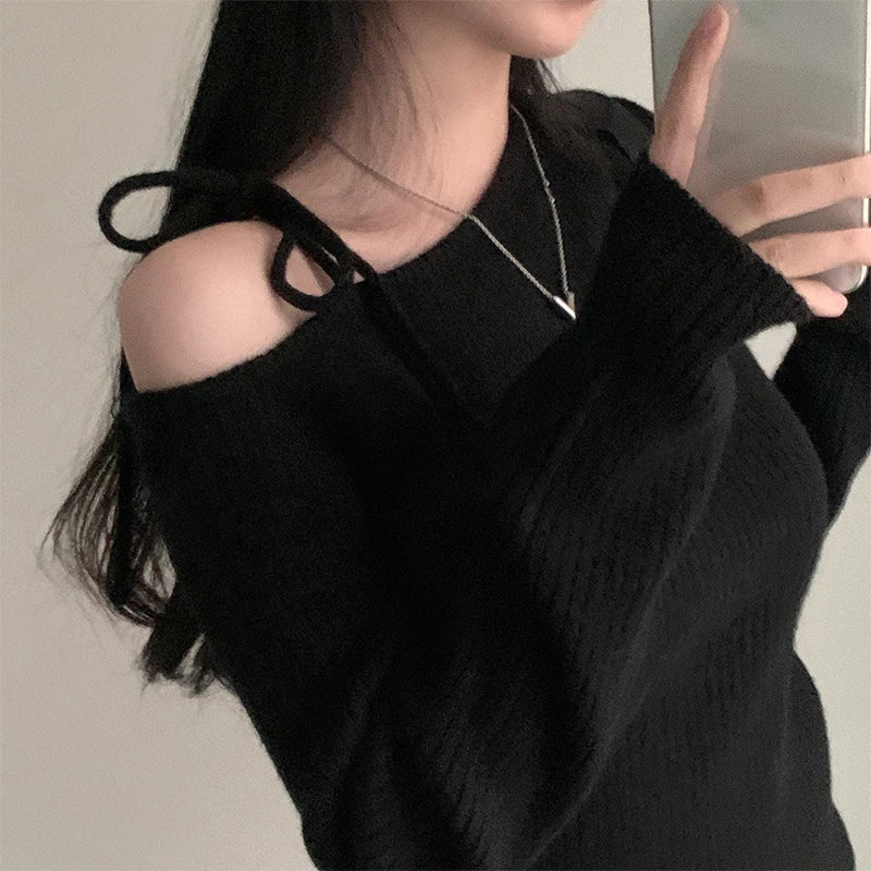 Fall Niche Temperament Irregular Slant Neck Off Shoulder Tie Bowknot Pullover Korean-Chic Long Sleeve Knitted Sweater