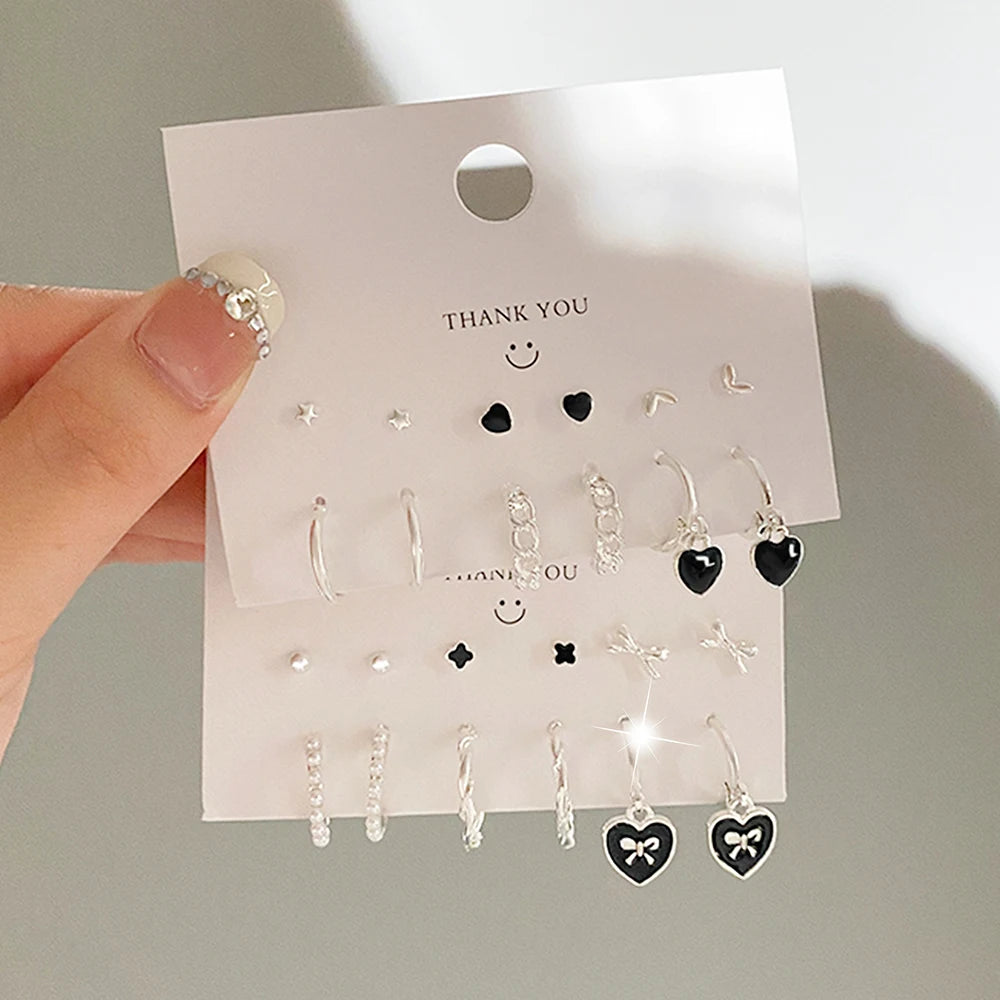 6pcs/set Punk Silver Color Metal black Love Star Chain Earring Irregular Geometric Four Leaf Grass Hoop Earrings For Women Gifts