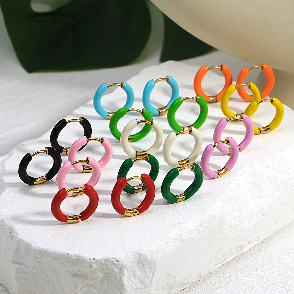 Colorful Neon Enamel Huggie Hoops Earrings Stainless Steel Jewelry for Women Dopamine Small Ear Cuff Piercing Chunky Jewelry