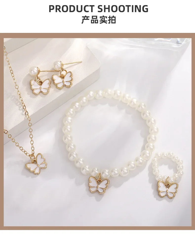 4pcs/Set Fashion Sweet Jewelry Set Butterfly Pendant Imitation Pearl Necklace Bracelet Earring Set for Girl Jewelry Accessories