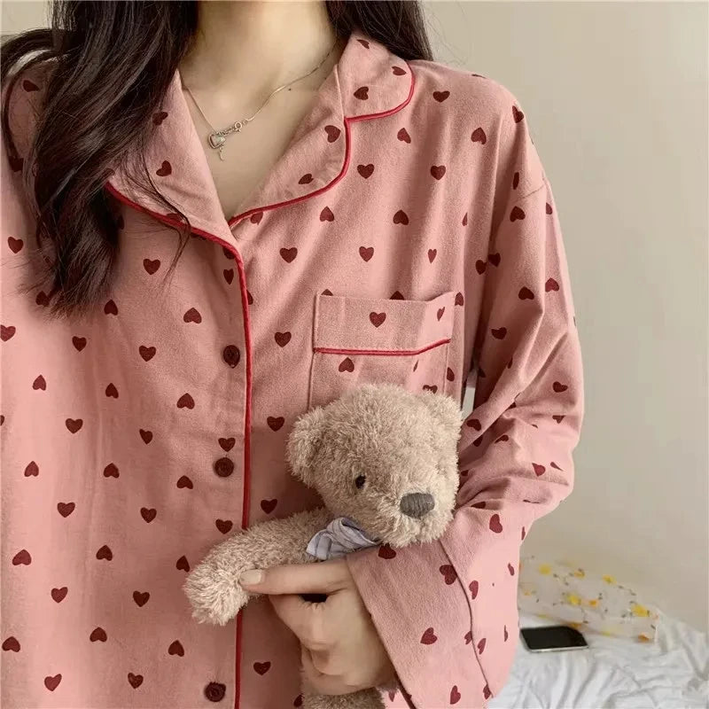 Large Size Sexy Nightwear Women Sleepwear Autumn and Winter Cardigan Home Wear Peach Heart Long Sleeves School Silk Pajamas