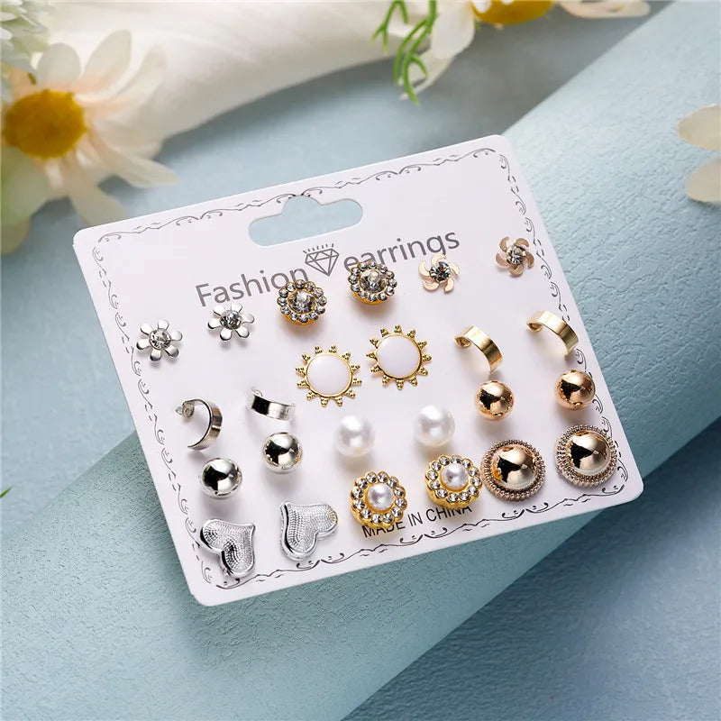 12 Pairs/Set Imitation Pearl Sun Star Flower Bow Heart Zircon Combination Paper Card Stud Earrings Set Fashion Geometric Earring