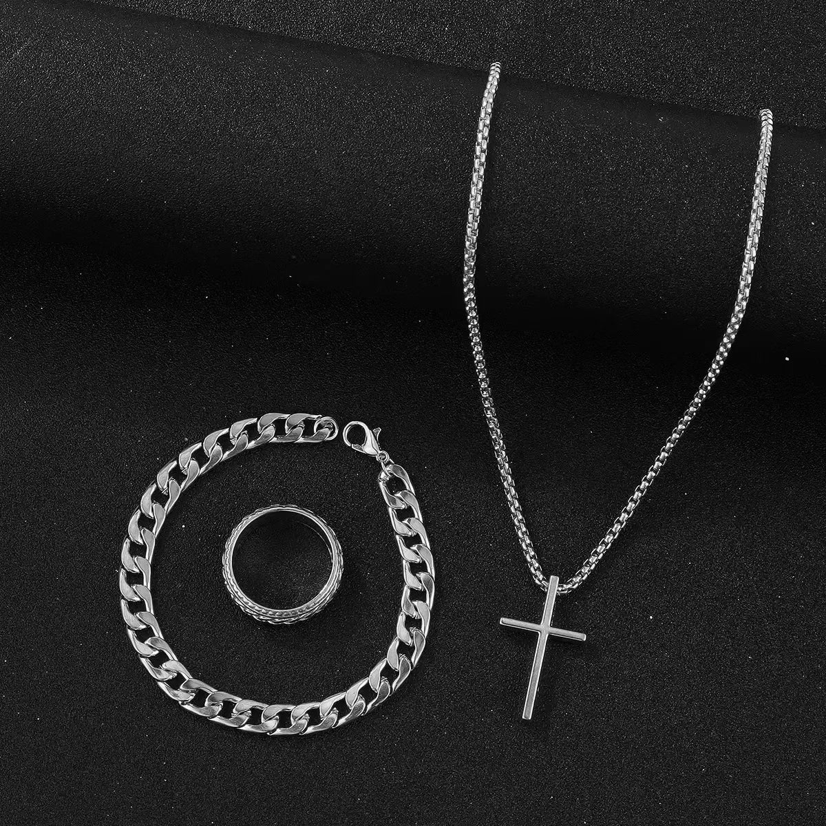 Punk Cross Pendant Necklace Bracelet Chain Ring Men's Set Simple Personality Hip Hop Party Three Piece Jewelry Accessories