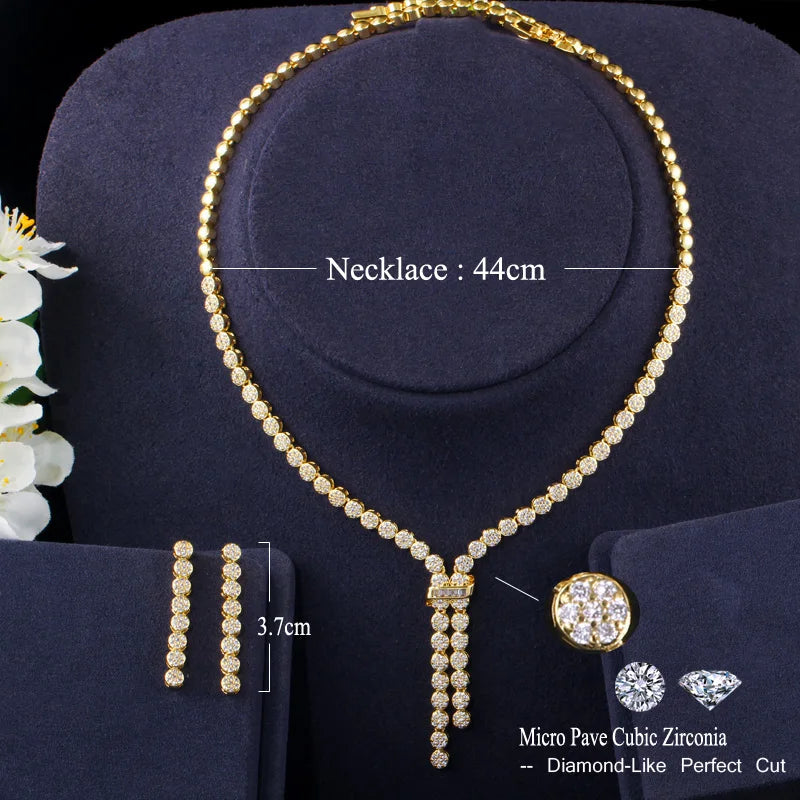 ThreeGraces Trendy Gold Color Shiny Cubic Zirconia Elegant Party Necklace and Earrings Jewelry Set for Women Accessories TZ969