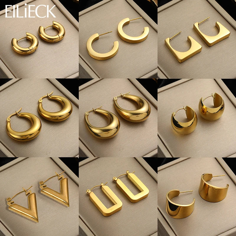 EILIECK 316L Stainless Steel Metal Hollow Hoop Huggie Earrings For Women High-quality Fashion Gold Color Ear Jewelry Accessories