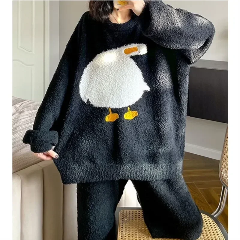 For Cute Flannel Velvet O-neck Women Clothes Pijamas Winter Home Clothing Comfortable Duck Fashion Pajamas Set Casual