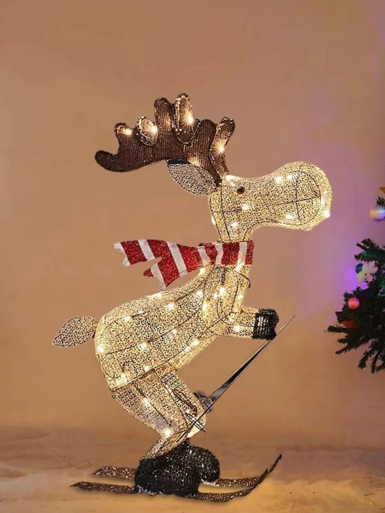 Lighted Reindeer Ornaments Glowing Ski Deer Statue with LED Lights String 3D Standing Reindeer Figurines for Christmas Decoratio