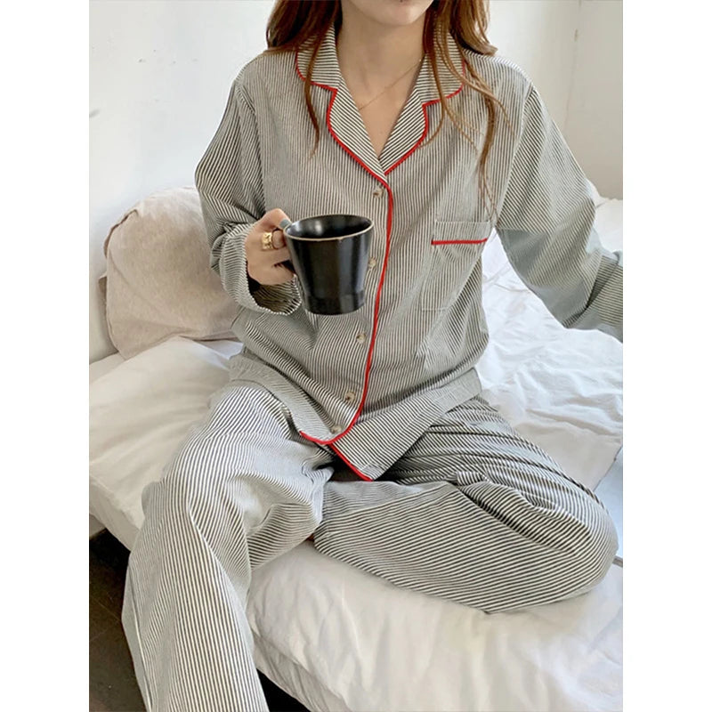 Korean Fashion Striped Leisure Wear Pajama 2 Piece Set Women Nightgown Cosplay Sexy Pajama 2024 New Autumn Winter Pajama Sets