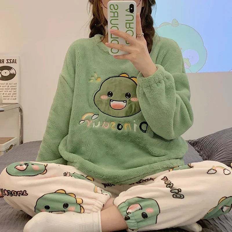 Winter Flannel Sleepwear Thickening Warm Round Neck Long Sleeve Women's 2 Pieces Set Cute Dinosaur Printing Pajamas Homewear