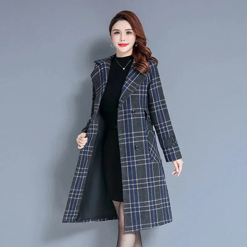 Women's Long Woolen Jacket 2022 New Style Thickened Warm Bird's Nest Plaid Woolen Overcoat Neat Fashion Sense Chic Streetwear