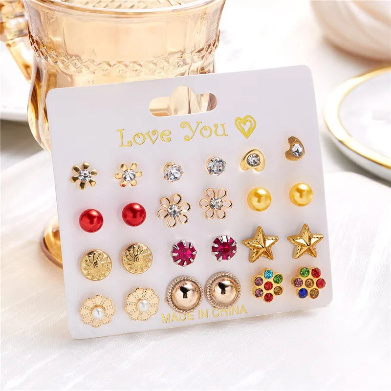 12 Pairs/Set Imitation Pearl Sun Star Flower Bow Heart Zircon Combination Paper Card Stud Earrings Set Fashion Geometric Earring