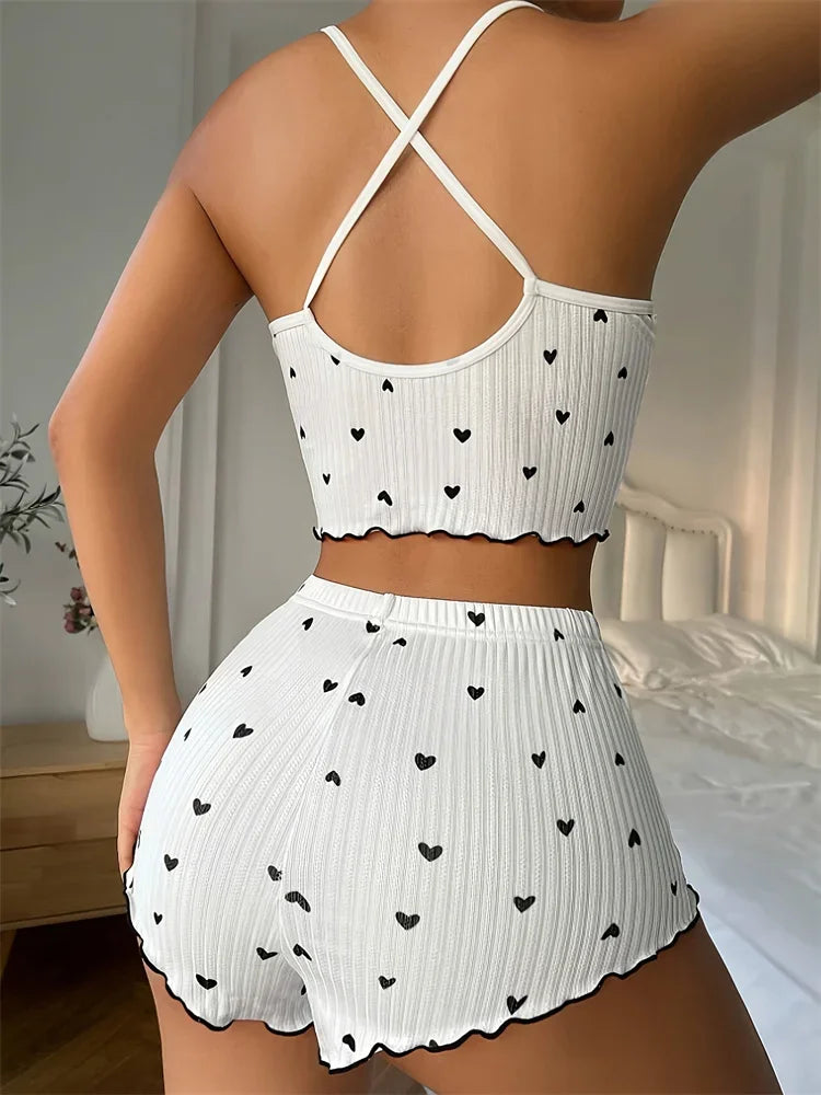 Women's Heart Print Ribbed Frill Trim Pajama Set, Cute Bow Notched Neck Cross Strappy Backless Crop Cami Top & Elastic Shorts