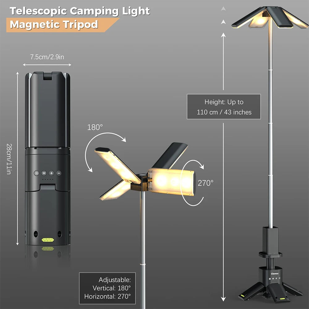 14000mAh Rechargeable Outdoor Hiking Fishing Tent Lamp 6000 LM Super Bright Magnetic Rotatable Telescopic LED RV Camping Lantern