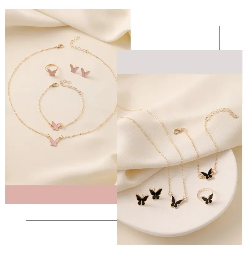 4pcs/Set Sweet Jewelry Set Butterfly Pendant Imitation Pearl Necklace for Women Pearl Earrings Girl Jewellery Women Gift