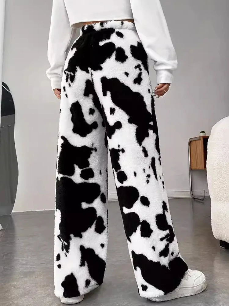 Milk Cow Printed Warm Women Plush Fur Elastic Pants High Waist Casual Loose Comfortable Pants Autumn Winter Female Vintage Pants