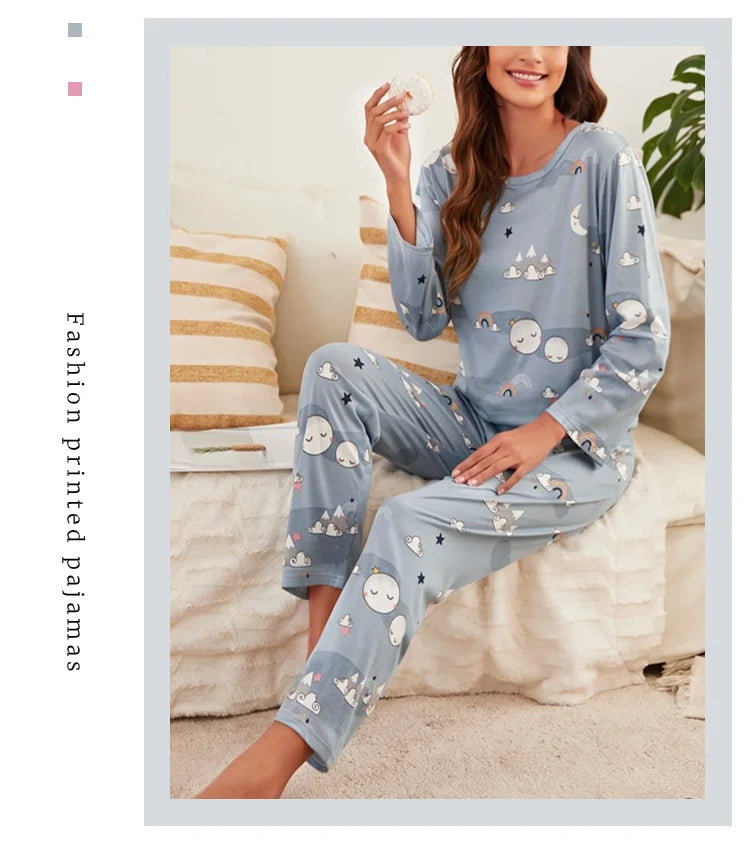 Autumn women's printed pure cotton sleepwear set with round neck long sleeved pants casual  comfortable two piece home suit set