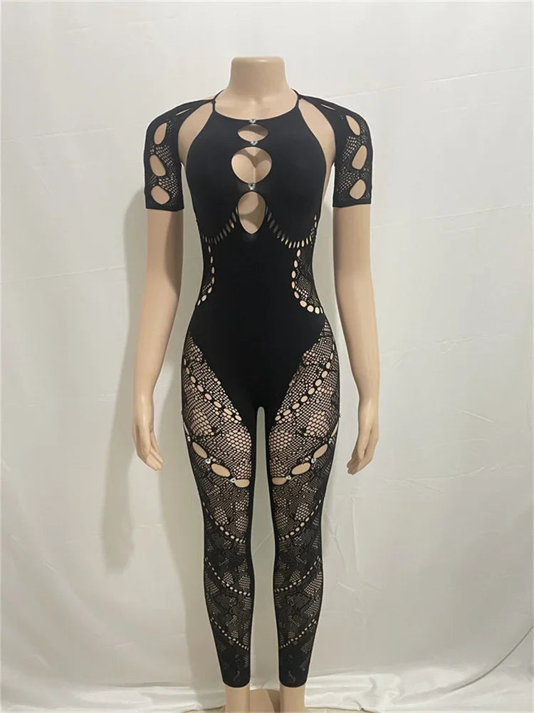 Vaqua Sexy Jumpsuit for Women Party Club Night Mesh Halter Cutout Stretchy Short Sleeve Lace Cutout One Piece Bodycon