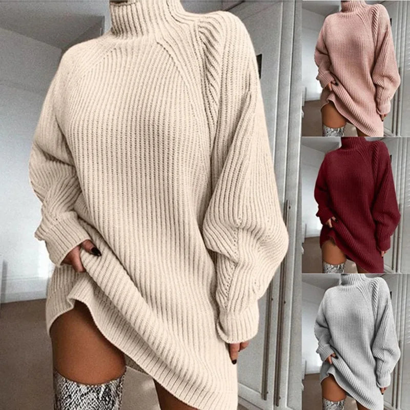 2024 Autumn/Winter New Knitted Sweater Fashionable and Sexy Medium to Long Sleeve Half High Collar Sweater Dress