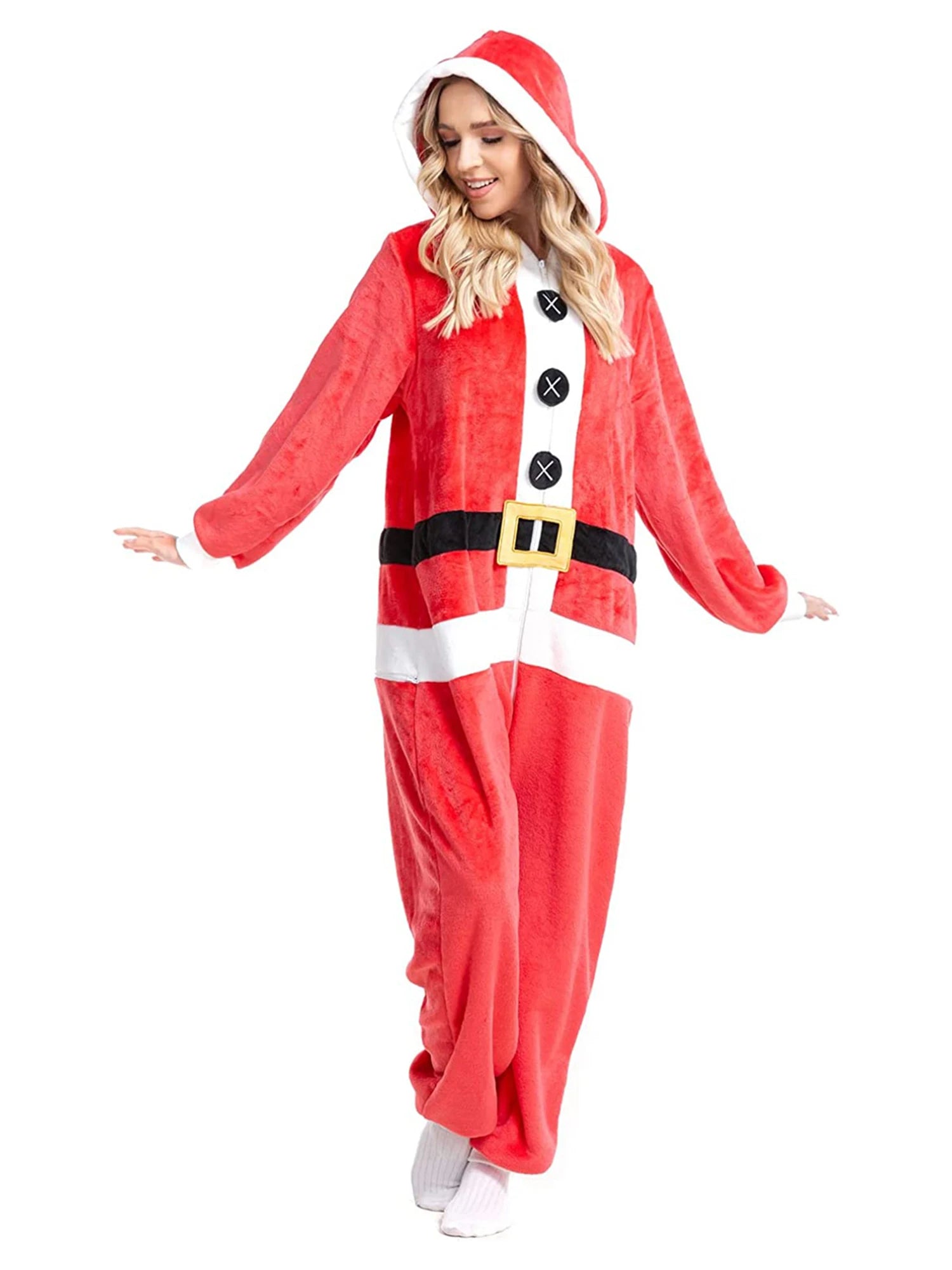 Women s Christmas Costume Mrs Claus Velvet Long Sleeve Hooded Belt Printed Zipper Full-Length Jumpsuit with Faux Fur Trim