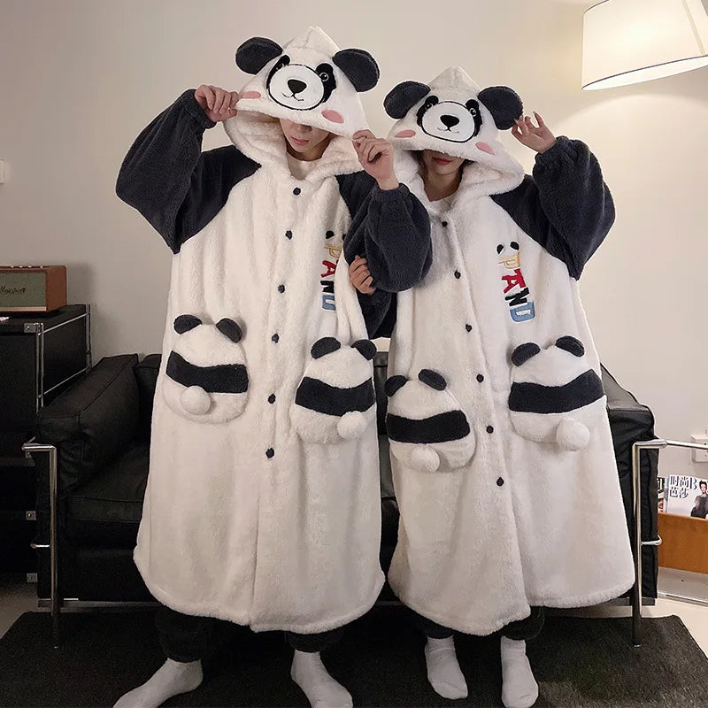 Cute Cartoon Panda Couple Pajamas For Men And Women Sleepwear In Winter Plush Thick Warm Bathrobe With Trousers Men Robes Sets